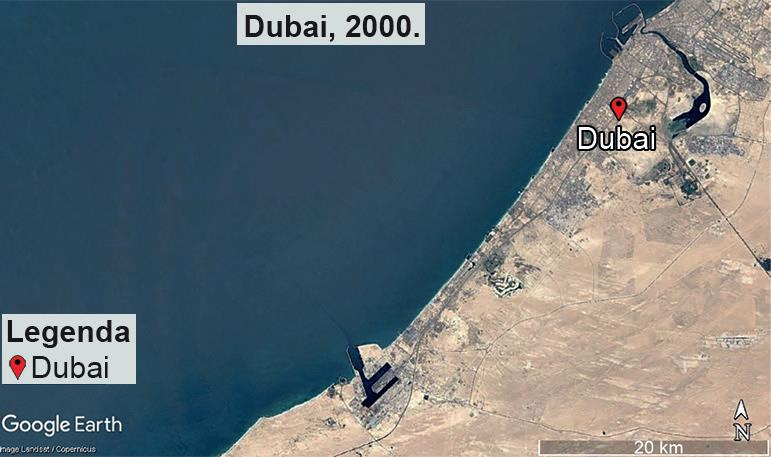 Duas imagens, de mesma escala cartográfica, capturadas por satélite em diferentes anos, apresentam o litoral da cidade de Dubai. Na primeira imagem, em 2000, a cidade tinha uma ocupação urbana concentrada na linha de costa e grandes áreas desérticas sem ocupação no interior. Na segunda imagem, em 2020, a cidade apresentava grande expansão da mancha urbana, tanto na linha de costa quanto em direção às áreas desérticas, no interior, além de ilhas e penínsulas construídas com aterros ao longo da linha de costa.
