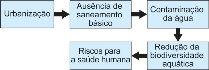 Cinco retângulos em sequência. Do primeiro, Urbanização parte uma seta para Ausência de saneamento básico; deste parte uma seta para Contaminação da água; deste parte uma seta para Redução da biodiversidade aquática, e deste, uma seta para o último retângulo denominado Riscos para a saúde humana.