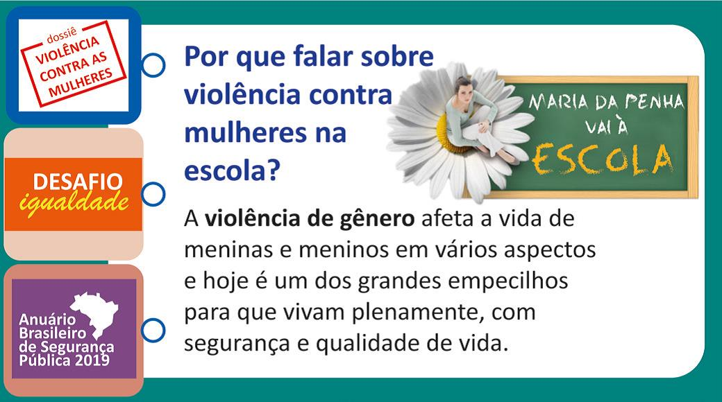 O texto, intitulado Por que falar sobre violência contra mulheres na escola?, informa: “A violência de gênero afeta a vida de meninas e meninos em vários aspectos e hoje é um dos grandes empecilhos para que vivam plenamente, com segurança e qualidade de vida”. Ao lado do título, ilustração de uma mulher sentada no miolo de uma flor posicionada no topo de uma lousa, com a mensagem “Maria da Penha vai à escola”. Ícones estão distribuídos ao lado do texto e indicam: “Dossiê Violência contra as mulheres”, “hashtag Desafio igualdade” e “Anuário Brasileiro de Segurança Pública 2019”.