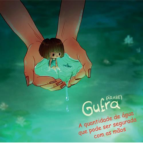 Desenho de duas mãos unidas em concha segurando uma porção de água límpida, uma menininha e um barquinho de papel. Algumas gotas escorrem por entre os dedos. Abaixo, está a palavra “Gufra” (árabe), acompanhada pelo texto: “A quantidade de água que pode ser segurada com as mãos”.
