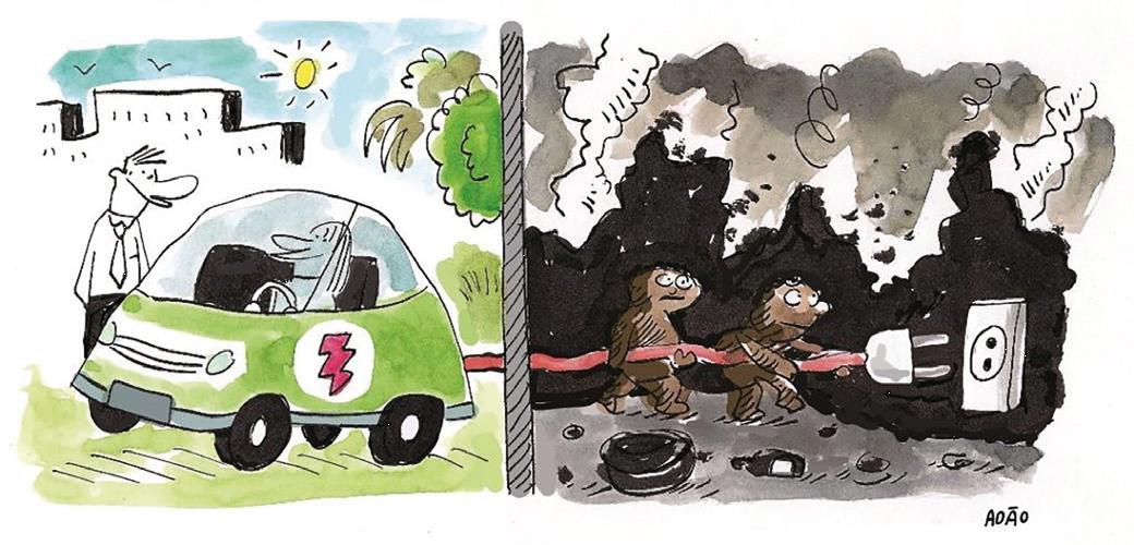 Intitulada Carro elétrico, uma miragem ecológica, a charge, do cartunista Adão, está dividida em dois cenários. No primeiro cenário, há um espaço urbano, com prédios, árvores, aves e céu limpo. No centro, há dois personagens, um dentro de um carro e o outro em pé, ao lado do veículo. O carro traz o desenho de um raio simbolizando que é elétrico. Esse primeiro cenário se conecta ao segundo cenário por meio de um cabo elétrico que sai da parte traseira do carro. Nesse segundo cenário, a paisagem é de um ambiente encoberto por fumaça e resíduos sólidos descartados sobre o chão. Nele há outros dois personagens, que estão cobertos de fuligem e tentam conectar o cabo a uma tomada.