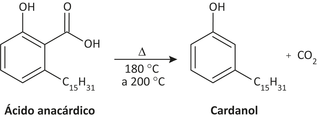 Esquema de reação química em que o ácido anacárdico é constituído por um anel aromático com três substituições. O carbono localizado na posição 1 do anel realiza ligação simples com outro carbono, que, por sua vez, realiza ligação dupla com o O e ligação simples com o grupo O H. O carbono localizado na posição 2 do anel realiza ligação simples com o grupo O H. O carbono localizado na posição 6 do anel realiza ligação simples com o grupo C15H31. Esse ácido, quando aquecido a uma temperatura de 180 a 200 graus Celsius, produz C O2 e cardanol, que é constituído por um anel aromático com duas substituições. O carbono localizado na posição 1 do anel realiza ligação simples com o grupo O H. O carbono localizado na posição 3 do anel realiza ligação simples com o grupo C15H31.