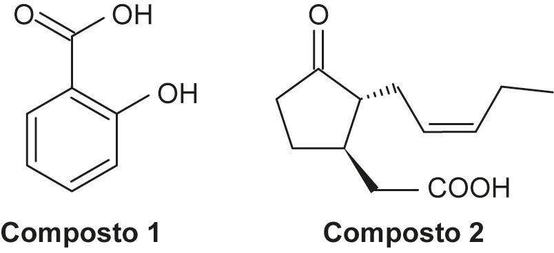 Composto 1: Anel aromático com dois grupos: COOH na posição 1 e O H na posição 2. Composto 2: Ciclo saturado com cinco átomos de carbono no qual estão ligados três grupos: na posição 1, há um átomo de oxigênio ligado diretamente ao carbono por uma ligação dupla; na posição 2, há uma cadeia normal de cinco átomos de carbono com uma ligação dupla entre o segundo e o terceiro átomo; na posição 3, há um átomo de carbono ligado a um COOH.