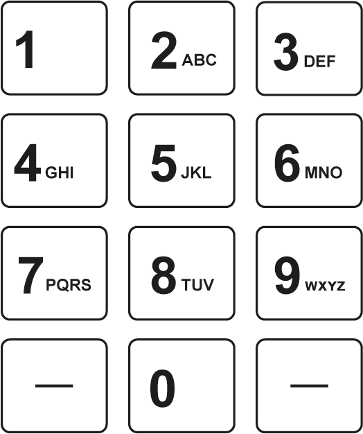 Teclado alfanumérico composto por 12 teclas, dispostas em 4 linhas e 3 colunas, apresentando a seguinte configuração: Na primeira linha, a primeira coluna indica 1; a segunda indica 2, A, B, C; e a terceira 3, D, E, F; Na segunda linha, a primeira coluna indica 4, G, H, I; a segunda indica 5, J, K, L; e a terceira 6, M, N, O; Na terceira linha, a primeira coluna indica 7, P, Q, R, S; a segunda indica 8, T, U, V; e a terceira 9, W, X, Y, Z. Na quarta linha, a primeira coluna indica traço horizontal; a segunda indica zero; e a terceira traço horizontal.