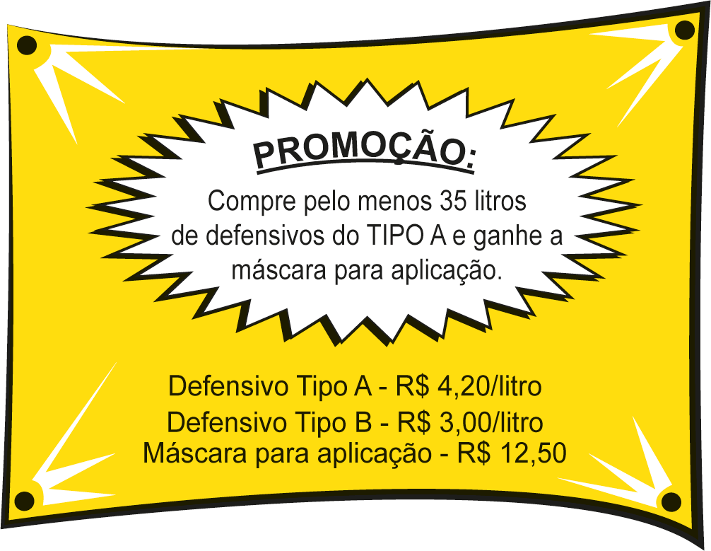 Cartaz em que está escrito na parte superior: “Promoção: Compre pelo menos 35 litros de defensivos do tipo A e ganhe a máscara para aplicação”; e na parte inferior: “Defensivo tipo A: 4,20 reais por litro; defensivo tipo B: 3,00 reais por litro; máscara para aplicação: 12,50 reais”.