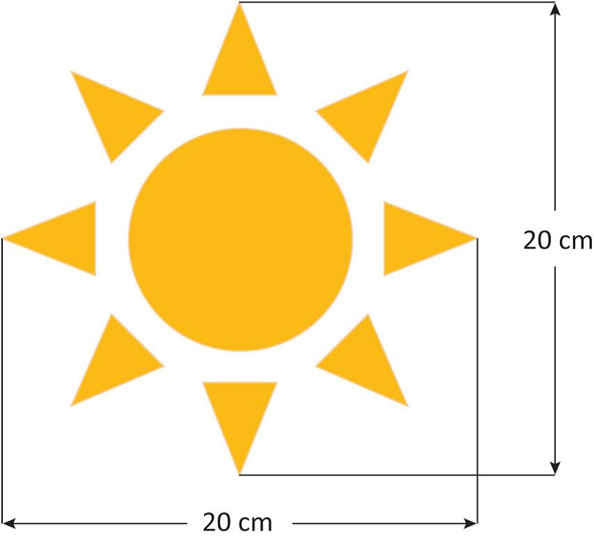 Figura com 20 centímetros de largura e 20 centímetros de comprimento contendo um círculo com 8 triângulos isósceles, igualmente espaçados, à sua volta.