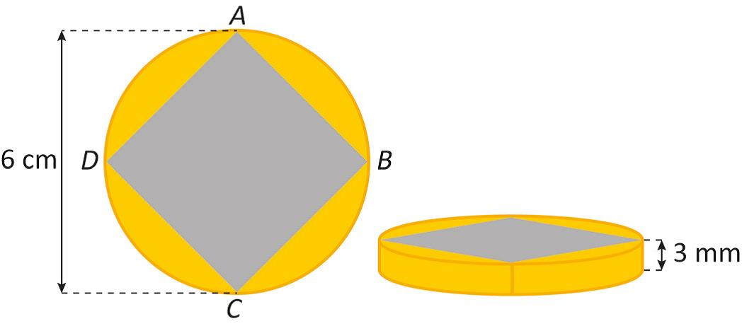 A figura é composta por duas representações da medalha. A primeira apresenta uma face da medalha: um quadrado ABCD inscrito em um círculo, cujo diâmetro mede 6 centímetros. A segunda apresenta a lateral da medalha, indicando sua espessura, que mede 3 milímetros.
