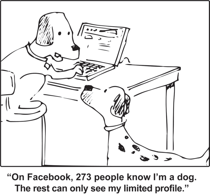 Um cachorro está sentado em uma banqueta, com as patas dianteiras sobre o teclado de um notebook. Ele comenta com outro cachorro, que está no chão, ao lado dele: “On Facebook, 273 people know I’m a dog. The rest can only see my limited profile.”.
