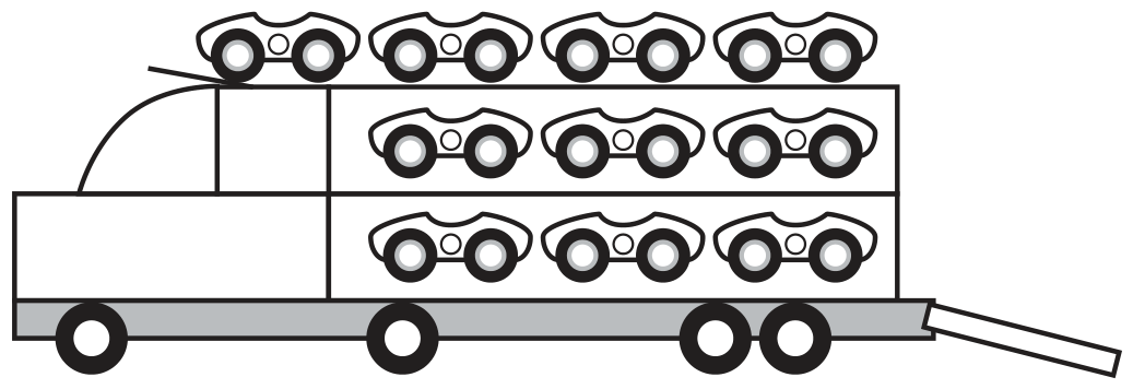 desenho de um caminhão-cegonha: uma carreta com três prateleiras carregando dez carrinhos, quatro na fileira de cima e três em cada uma das duas fileiras abaixo