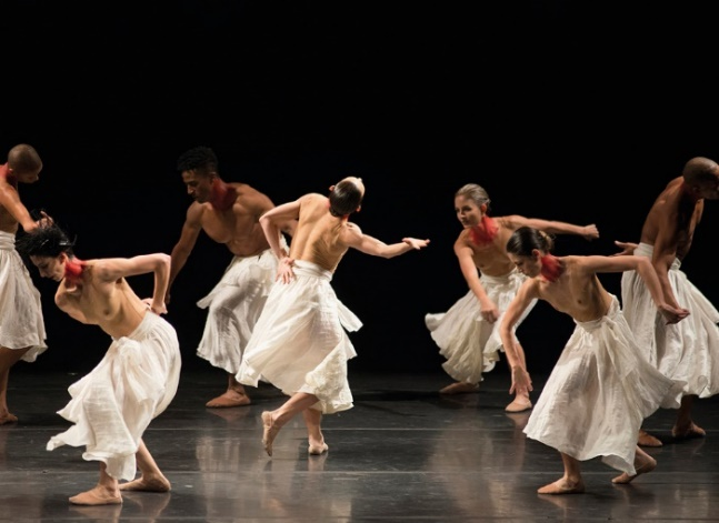 Um grupo de bailarinos, homens e mulheres, que preenchem todo o espaço de um palco com fundo escuro. Todos têm o dorso aparentemente nu e vestem saia de tecido leve e de cor clara. Com os braços em diferentes inclinações, os bailarinos perfazem movimentos de giro variados.