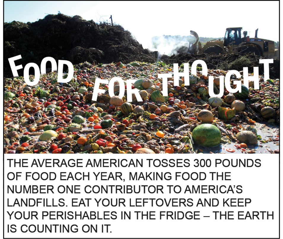Foto de parte de um lixão, com a frase “Food for thought” escrita entre sacos de lixo e restos de alimentos. Abaixo da foto, o texto: “The average American tosses 300 pounds of food each year, making food the number one contributor to America’s landfills. Eat your leftlovers and keep your perishables in the fridge – the Earth is counting on it”.