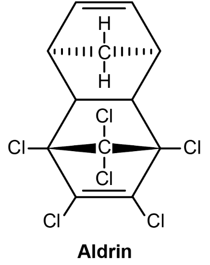 Estrutura química da molécula de Aldrin. Essa ilustração não foi descrita, pois suas informações não foram solicitadas para a resolução da questão.