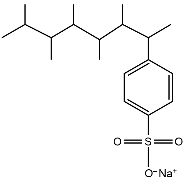 Estrutura do tensoativo não biodegradável, que tem como cadeia principal o grupo benzenossulfonato de sódio (anel aromático ligado a SO3 de carga negativa, que interage com o cátion Na de carga positiva). Ao anel aromático desse grupo encontra-se ligada uma ramificação com uma cadeia carbônica de sete átomos de carbono que contém, em seis deles, ramificações com grupos CH3.