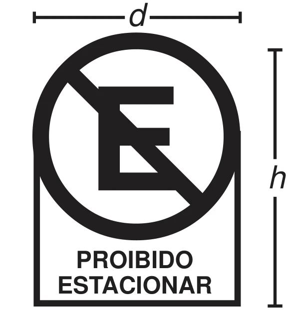 placa de proibido estacionar formada por um círculo com a letra E cortada por uma barra sobre um retângulo com os dizeres PROIBIDO ESTACIONAR, com a cota d indicando a largura, igual ao diâmetro do círculo, e a cota h indicando a altura total da placa