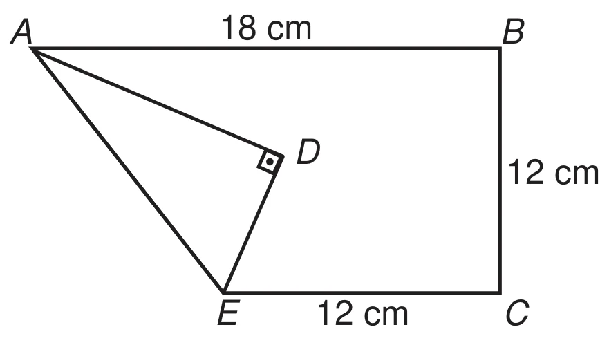 figura da folha após a primeira dobra: quadrilátero de vértices A (canto superior esquerdo), B (canto superior direito), C (canto inferior direito) e E (sobre o lado inferior); o lado AB mede 18 cm, o lado BC mede 12 cm e o trecho EC do lado inferior mede 12 cm; do vértice A saem os segmentos AD e AE, e o ponto D, no interior da figura, é ligado a E, formando ângulo reto entre AD e DE