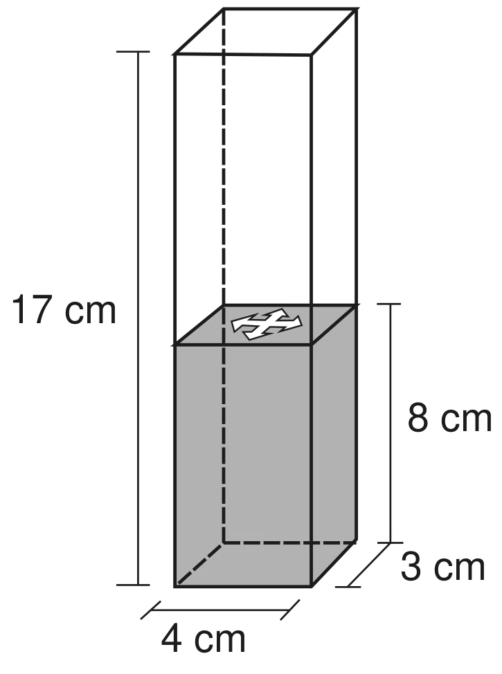 recipiente em forma de paralelepípedo reto-retângulo com 17 cm de altura, 4 cm de largura e 3 cm de profundidade, com água até a altura de 8 cm e um objeto flutuando na superfície