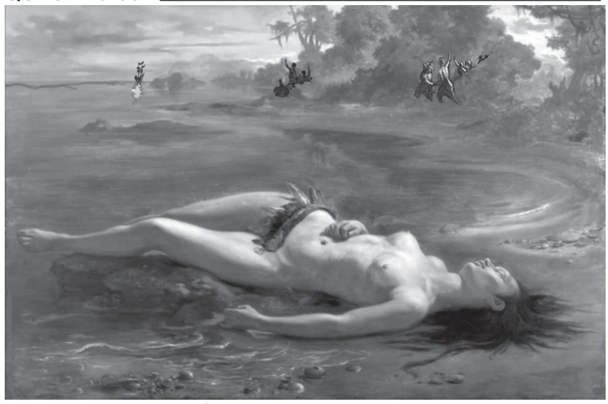 pintura de uma jovem indígena nua deitada sem vida de costas sobre a areia molhada da praia, o corpo idealizado, com um adorno de penas na cintura e os longos cabelos escuros espalhados na água; ao fundo, o mar e, ao longe na margem, pequenas figuras humanas junto à vegetação