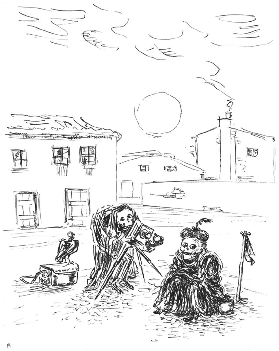 desenho a bico de pena de uma praça deserta ao entardecer: um fotógrafo curvado sobre uma câmera de tripé retrata uma mulher sentada de vestido longo; ao fundo, casarões de janelas escuras, e à esquerda um urubu pousado sobre um caixote