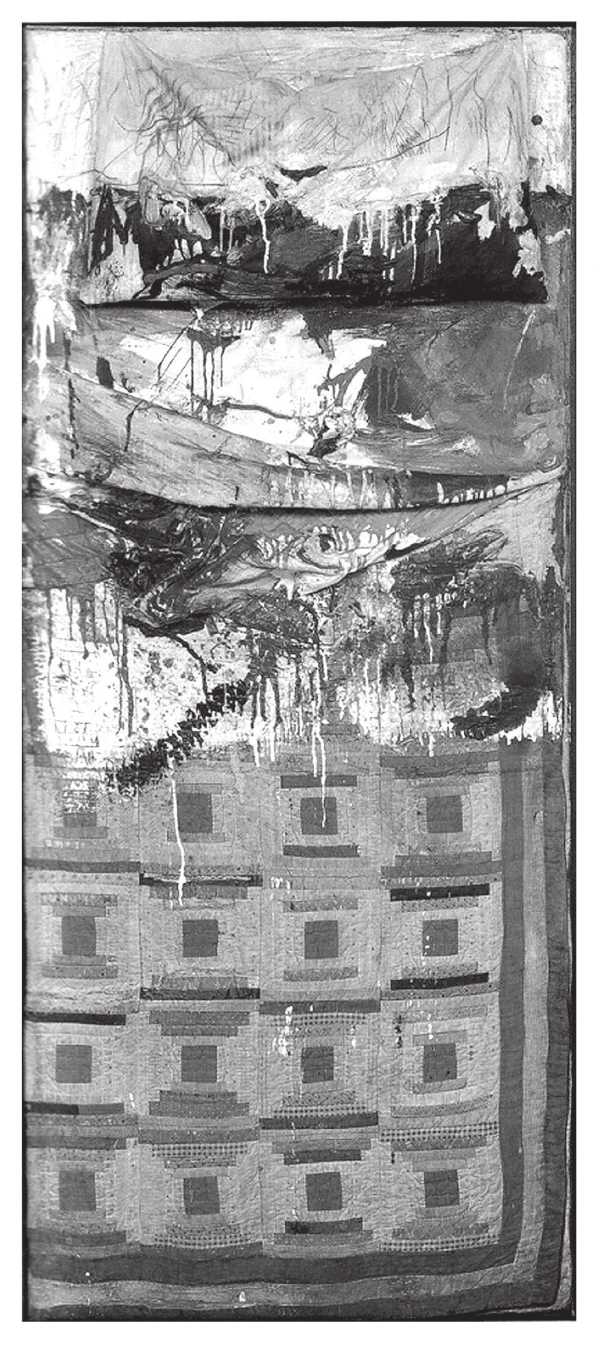 obra pendurada na parede feita com um travesseiro, um lençol e uma colcha de retalhos de quadrados costurados; a metade de cima, sobre o travesseiro e o lençol, está coberta de tinta espalhada e escorrida em pingos que descem sobre a colcha