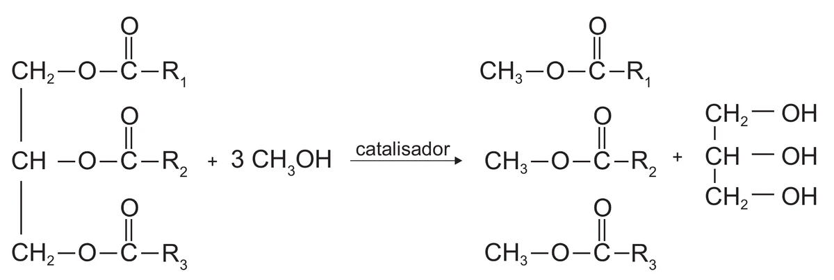 equação química da transesterificação: à esquerda, um triglicerídeo formado pela cadeia CH₂–CH–CH₂ com os três grupos éster O–C(=O)–R₁, O–C(=O)–R₂ e O–C(=O)–R₃, somado a 3 CH₃OH; sobre a seta de reação está escrito "catalisador"; à direita, os três ésteres metílicos CH₃–O–C(=O)–R₁, CH₃–O–C(=O)–R₂ e CH₃–O–C(=O)–R₃, somados ao glicerol, representado por CH₂–OH, CH–OH e CH₂–OH