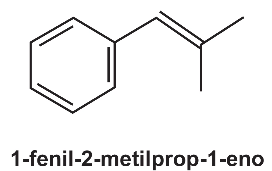 fórmula estrutural do 1-fenil-2-metilprop-1-eno: anel benzênico ligado por dupla ligação a um carbono que carrega dois grupos metila