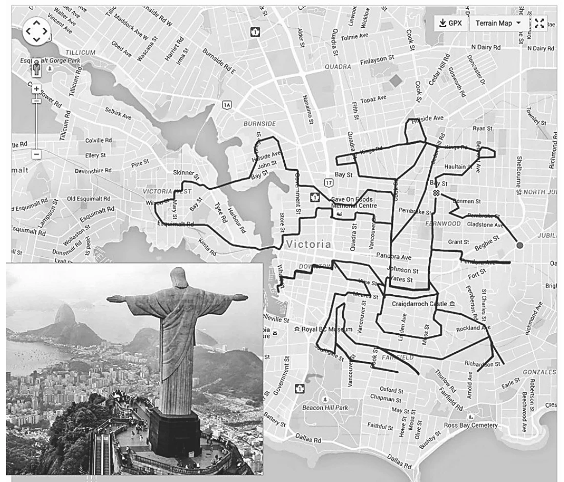 mapa da cidade de Victoria, no Canadá, sobre o qual o traçado em GPS das ruas percorridas de bicicleta desenha a silhueta do Cristo Redentor de braços abertos; no canto inferior esquerdo, foto aérea da estátua do Cristo Redentor no Rio de Janeiro