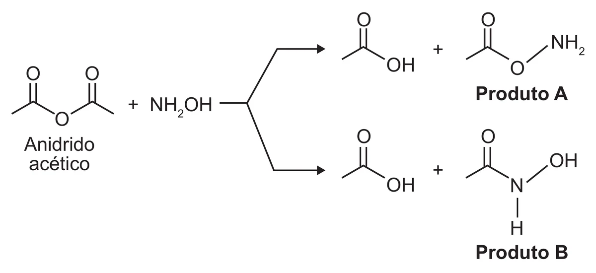 esquema da reação entre o anidrido acético e NH₂OH, com duas setas saindo de um mesmo ponto: o caminho de cima leva a ácido acético mais um éster em que o oxigênio da hidroxilamina se liga à carbonila, ficando o NH₂ livre, identificado como Produto A; o caminho de baixo leva a ácido acético mais uma hidroxamida em que o nitrogênio se liga à carbonila, mantendo o N–H e o OH, identificada como Produto B