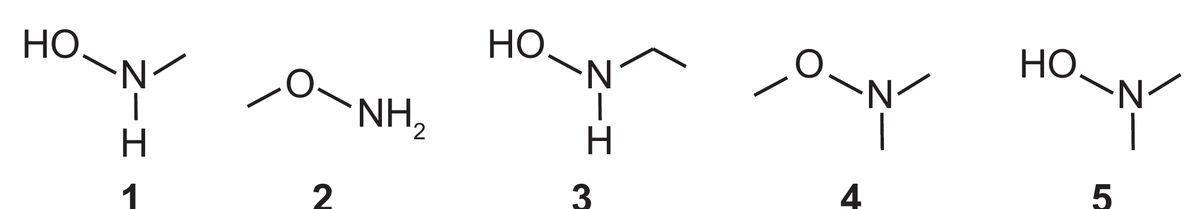 cinco estruturas derivadas da hidroxilamina, numeradas de 1 a 5: 1 tem o grupo HO ligado a um nitrogênio que ainda carrega um hidrogênio e uma metila; 2 tem uma metila ligada ao oxigênio e o nitrogênio como NH₂ livre; 3 tem HO ligado a um nitrogênio com um hidrogênio e uma etila; 4 tem uma metila ligada ao oxigênio e o nitrogênio com duas metilas, sem hidrogênio; 5 tem HO ligado a um nitrogênio com duas metilas, sem hidrogênio