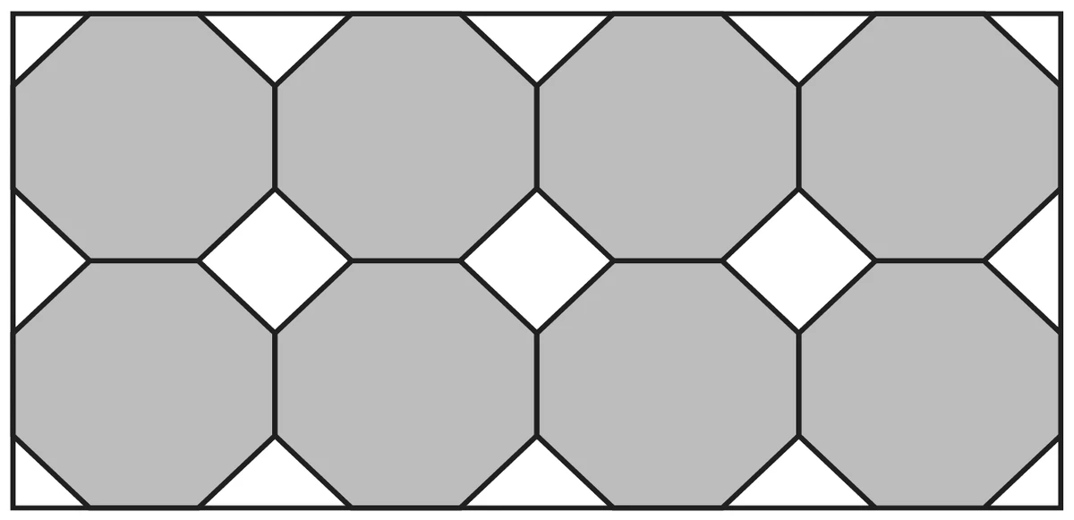 painel retangular coberto por duas fileiras de quatro octógonos regulares cinza cada; entre quatro octógonos vizinhos sobram espaços brancos em forma de quadrado e, junto às bordas do painel, sobram espaços brancos triangulares