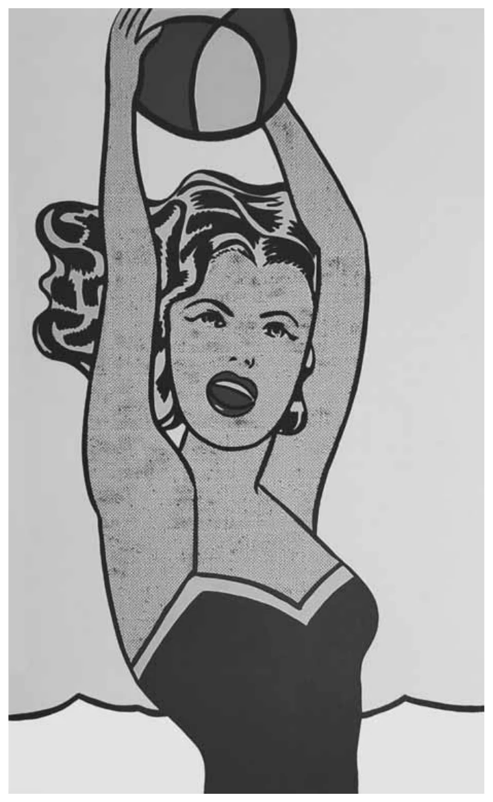 pintura em estilo pop art, com retícula de pontos: uma mulher loira de maiô preto, na praia, sorri de boca aberta enquanto ergue com as duas mãos uma bola listrada acima da cabeça