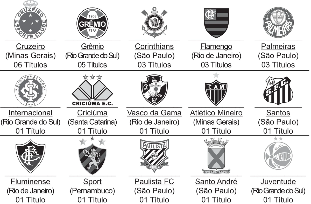 painel com os brasões dos 15 times campeões da Copa do Brasil até 2018, cada um com o estado e o número de títulos: Cruzeiro (Minas Gerais) 06 títulos, Grêmio (Rio Grande do Sul) 05, Corinthians (São Paulo) 03, Flamengo (Rio de Janeiro) 03, Palmeiras (São Paulo) 03, e com 01 título cada Internacional (Rio Grande do Sul), Criciúma (Santa Catarina), Vasco da Gama (Rio de Janeiro), Atlético Mineiro (Minas Gerais), Santos (São Paulo), Fluminense (Rio de Janeiro), Sport (Pernambuco), Paulista FC (São Paulo), Santo André (São Paulo) e Juventude (Rio Grande do Sul)