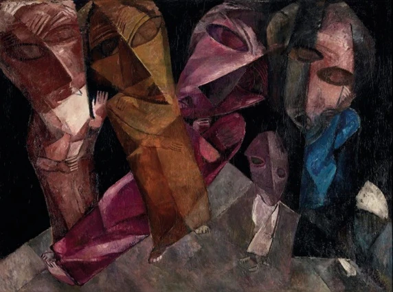Obra em óleo sobre tela intitulada Eternos caminhantes, de Lasar Segall. Cinco figuras humanas com cabeças e olhos grandes e desproporcionais ao corpo. As imagens se entrecruzam e os rostos retorcidos têm aspectos geométricos. Uma das figuras representa uma criança.